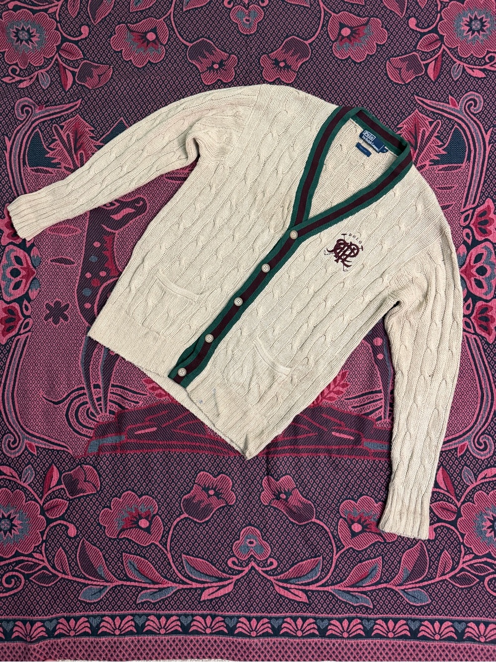 Polo by Ralph Lauren Cream Cable-Knit Cardigan with Green and Burgundy Trim